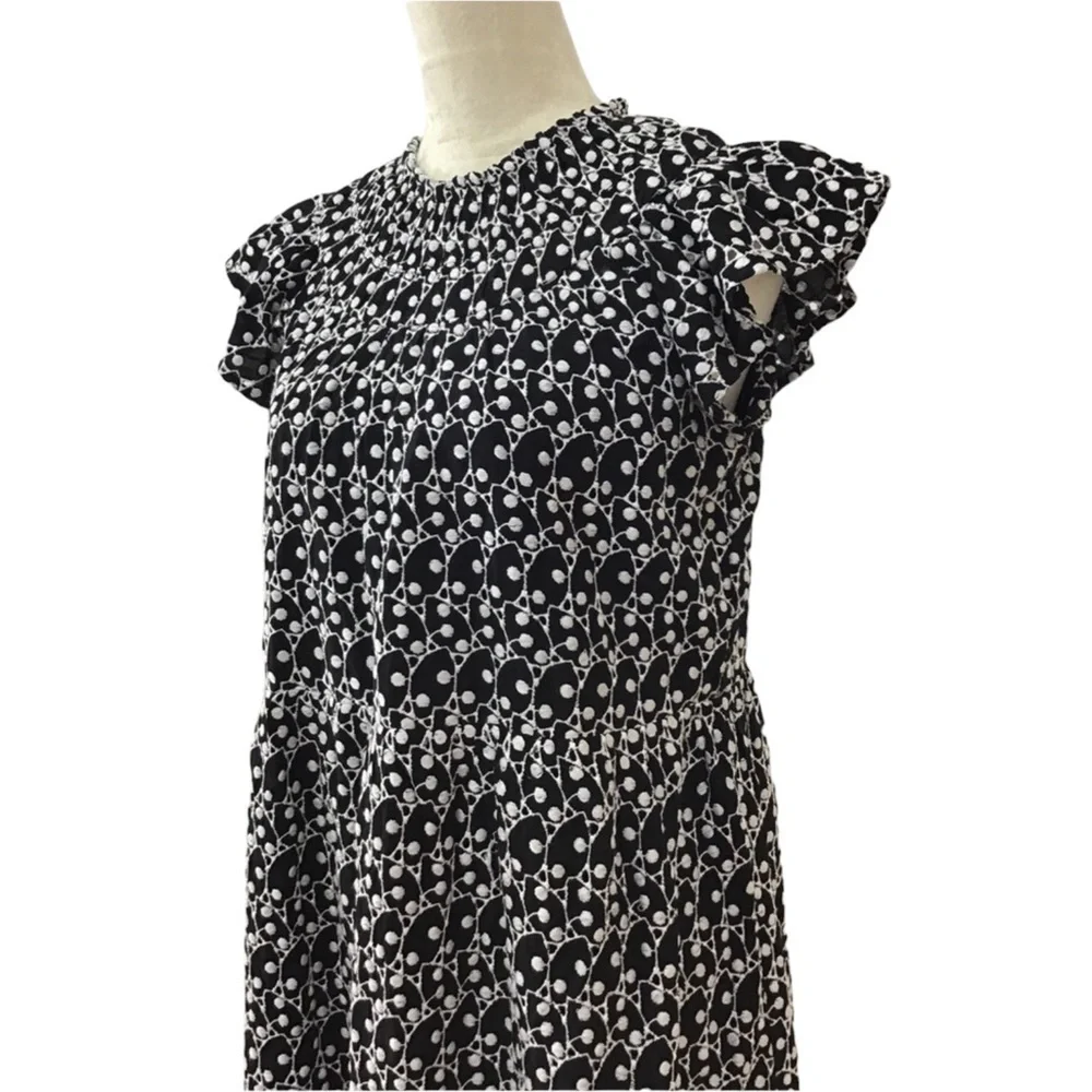 Loft Black White Eyelet Smocked Yoke Cap Sleeve Swing Dress Size SP NEW - Picture 9 of 11